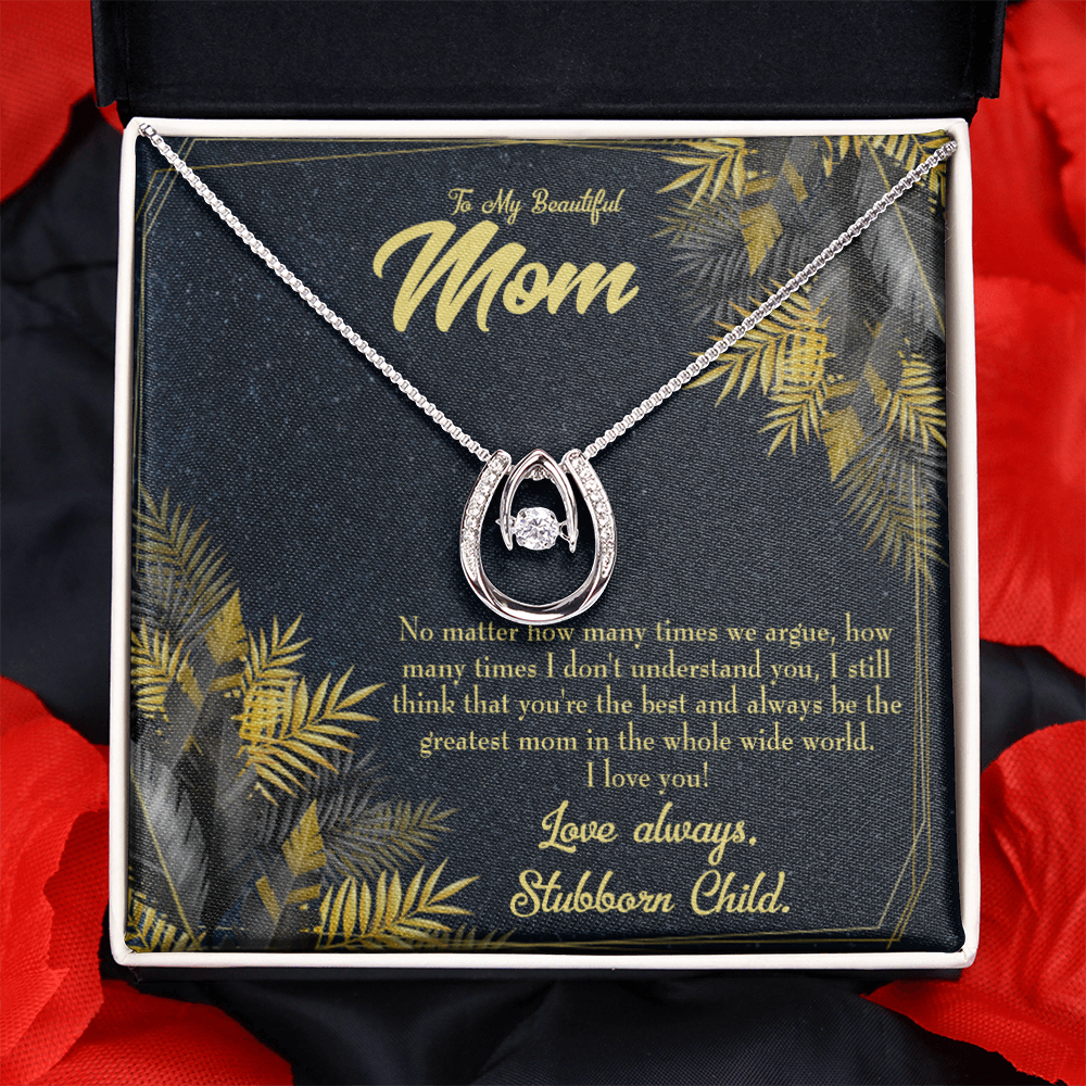 To Mom From Stubborn Child Always Lucky Horseshoe Necklace Message Card 14k w CZ Crystals-Express Your Love Gifts