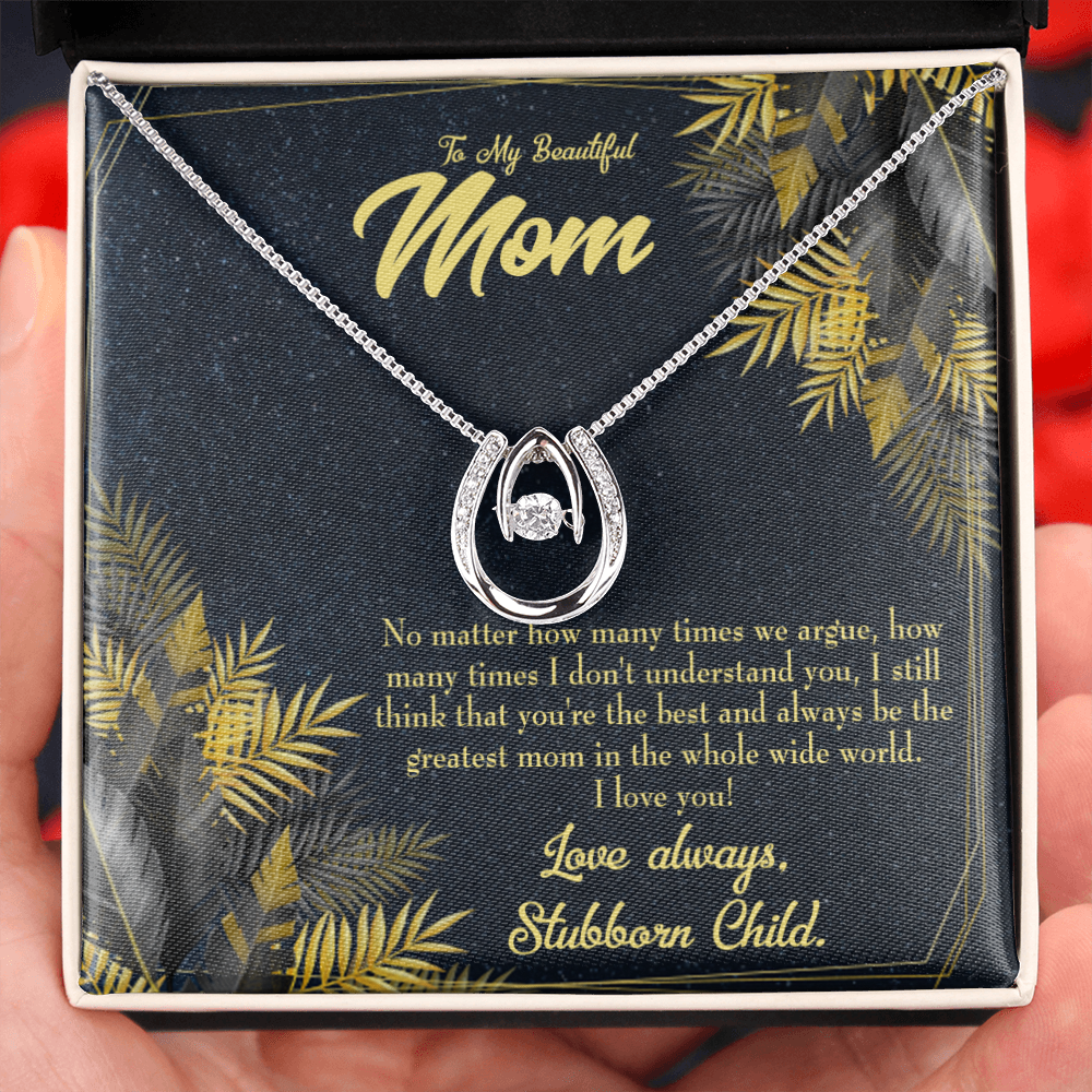 To Mom From Stubborn Child Always Lucky Horseshoe Necklace Message Card 14k w CZ Crystals-Express Your Love Gifts