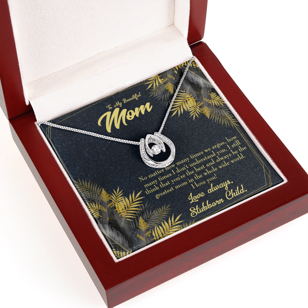 To Mom From Stubborn Child Always Lucky Horseshoe Necklace Message Card 14k w CZ Crystals-Express Your Love Gifts