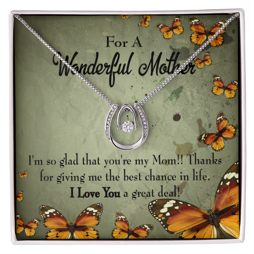 To Mom I&#39;m So Glad Lucky Horseshoe Necklace Message Card 14k w CZ Crystals-Express Your Love Gifts