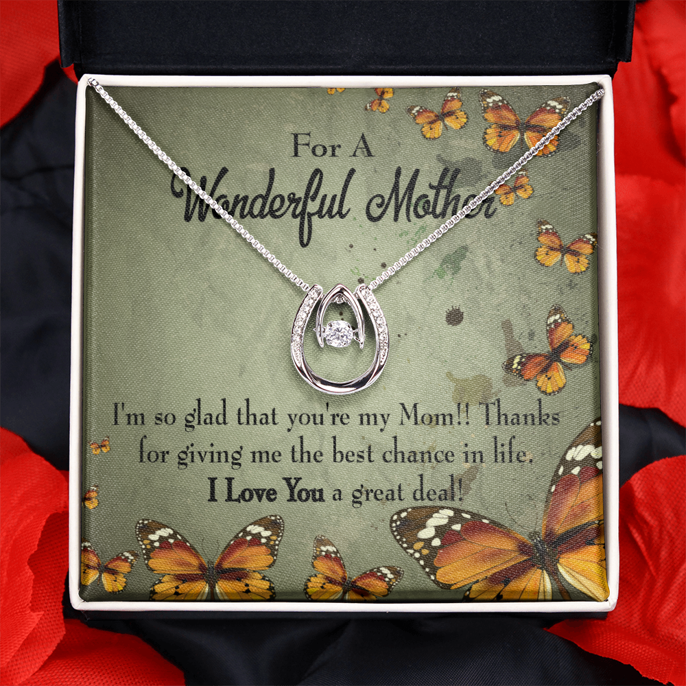 To Mom I'm So Glad Lucky Horseshoe Necklace Message Card 14k w CZ Crystals-Express Your Love Gifts