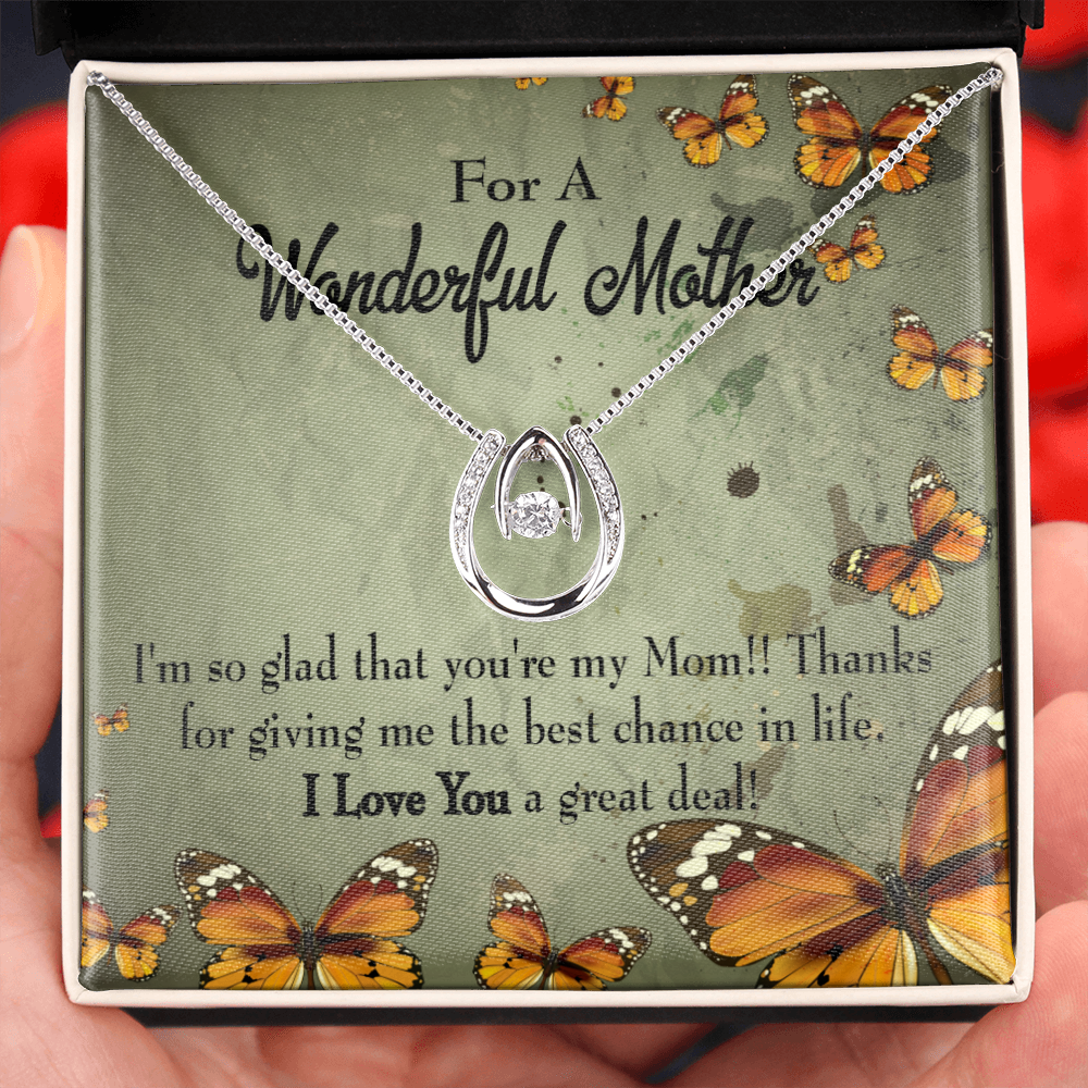 To Mom I'm So Glad Lucky Horseshoe Necklace Message Card 14k w CZ Crystals-Express Your Love Gifts