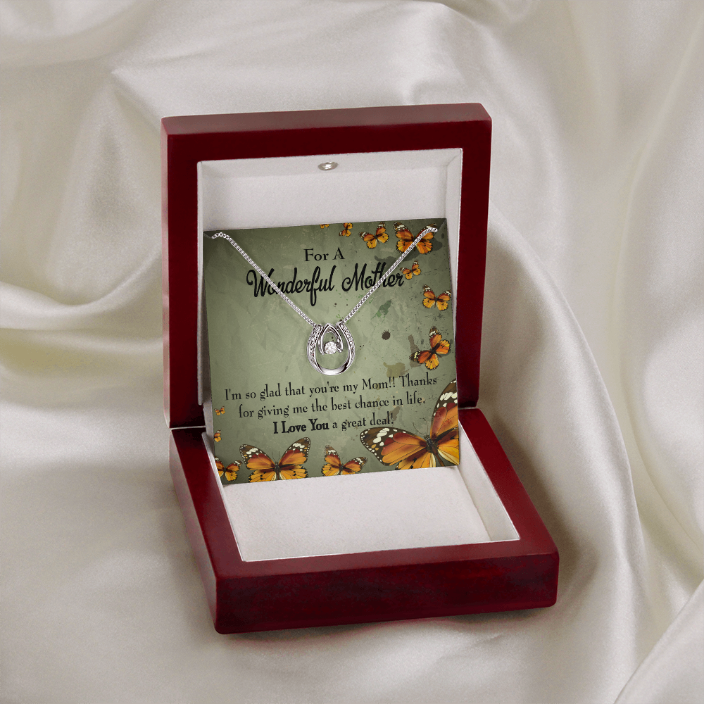 To Mom I'm So Glad Lucky Horseshoe Necklace Message Card 14k w CZ Crystals-Express Your Love Gifts