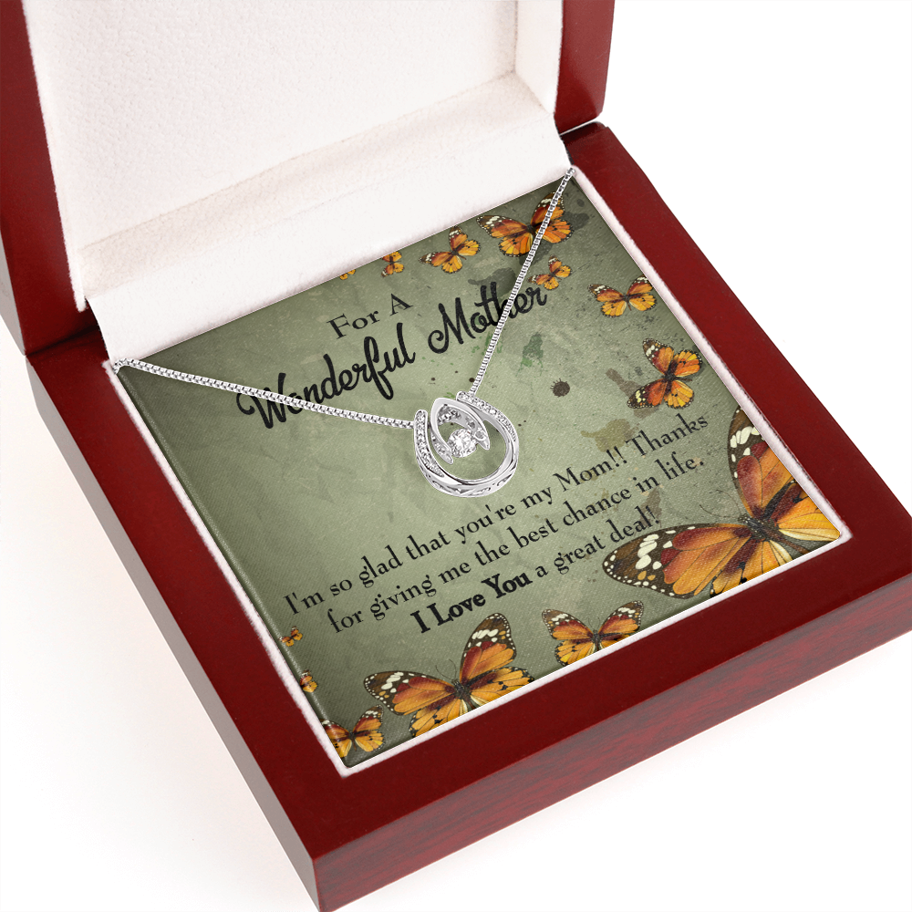 To Mom I'm So Glad Lucky Horseshoe Necklace Message Card 14k w CZ Crystals-Express Your Love Gifts