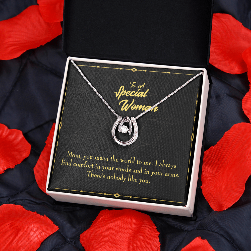 To Mom Nobody Like You Lucky Horseshoe Necklace Message Card 14k w CZ Crystals-Express Your Love Gifts