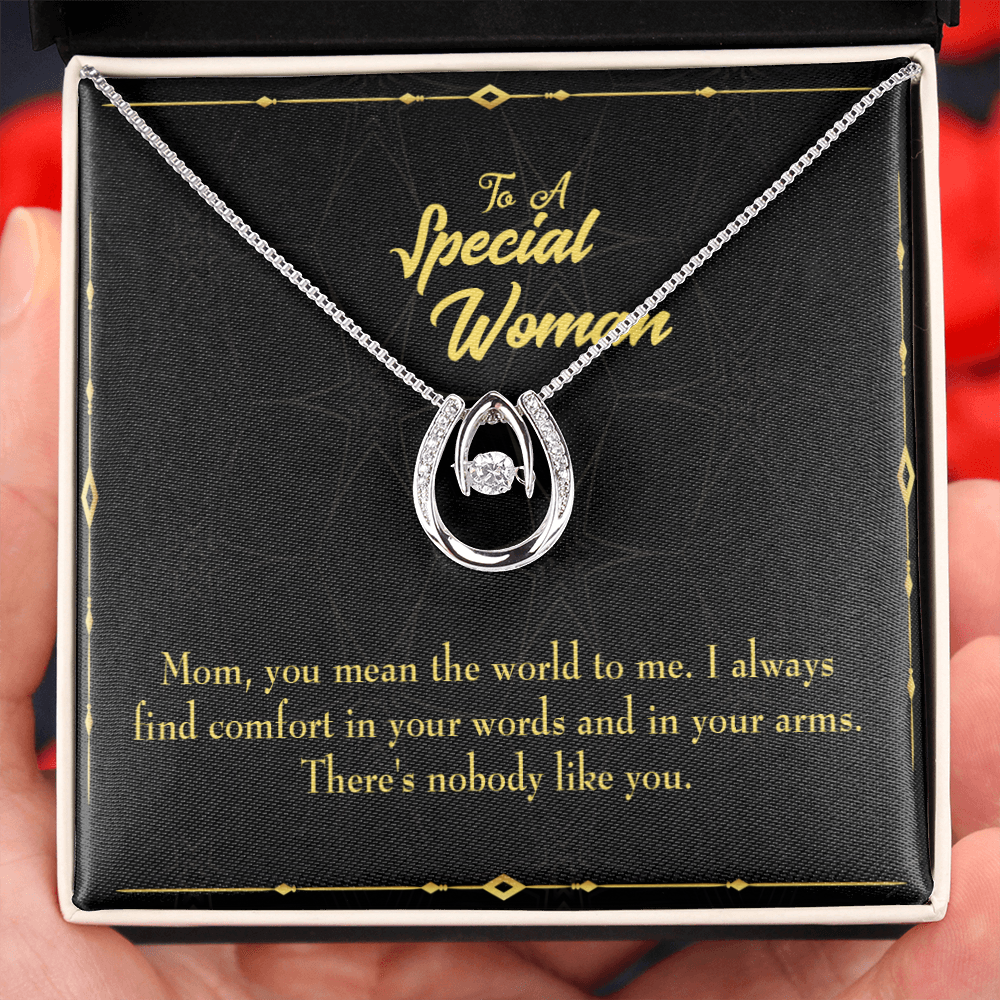 To Mom Nobody Like You Lucky Horseshoe Necklace Message Card 14k w CZ Crystals-Express Your Love Gifts