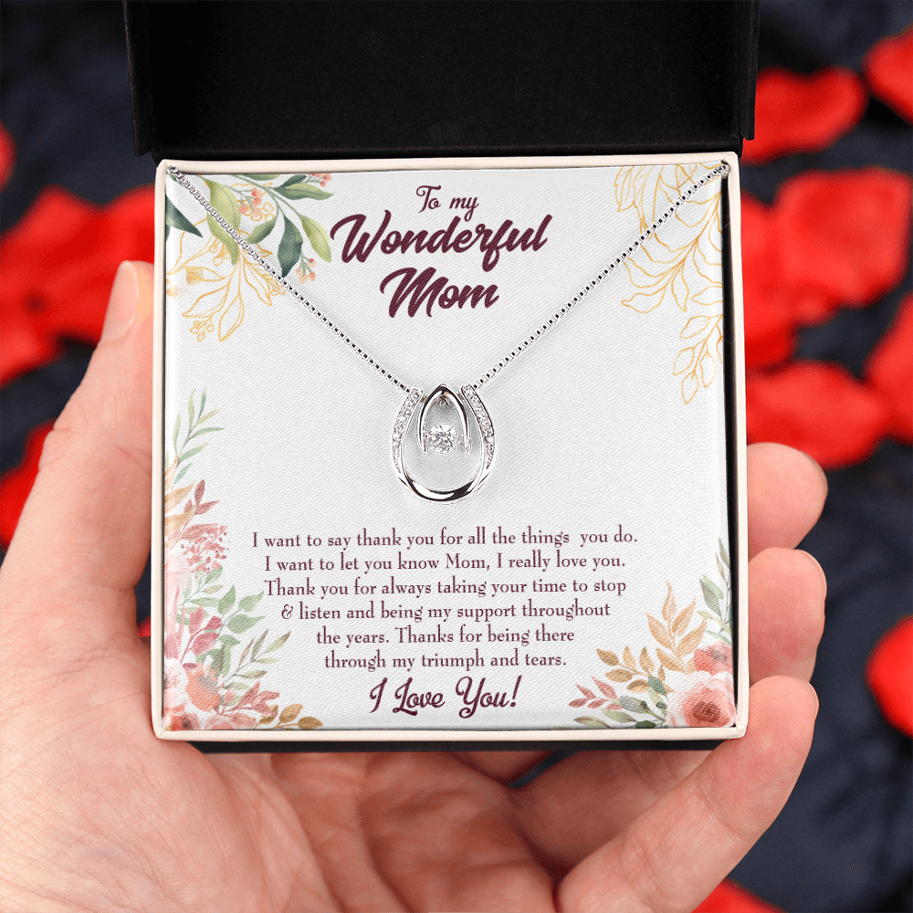 To Mom Not Enough Thanks Lucky Horseshoe Necklace Message Card 14k w CZ Crystals-Express Your Love Gifts