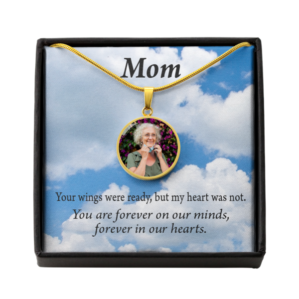 To Mom Personalized Memorial Remembrance Your Wings Stainless Steel or 18k Gold Circle Pendant 18-22"-Express Your Love Gifts