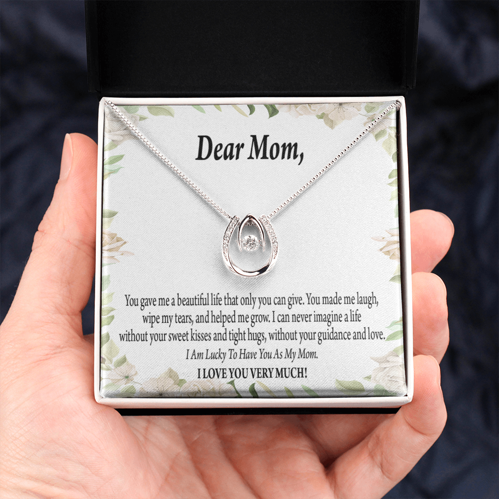 To Mom Unique Present Lucky Horseshoe Necklace Message Card 14k w CZ Crystals-Express Your Love Gifts