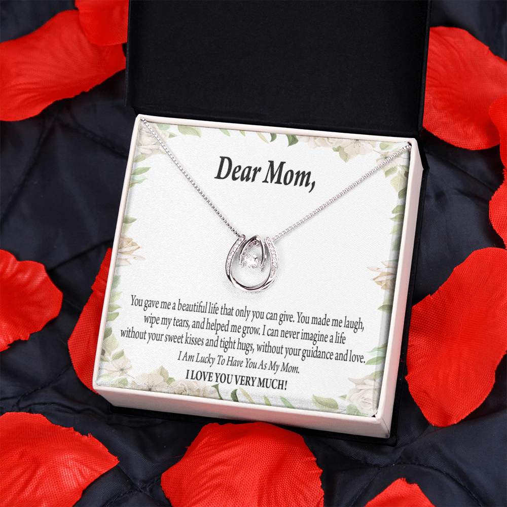 To Mom Unique Present Lucky Horseshoe Necklace Message Card 14k w CZ Crystals-Express Your Love Gifts