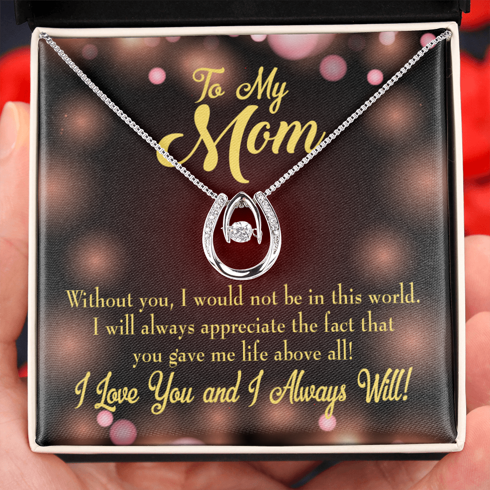 To Mom Without You Lucky Horseshoe Necklace Message Card 14k w CZ Crystals-Express Your Love Gifts