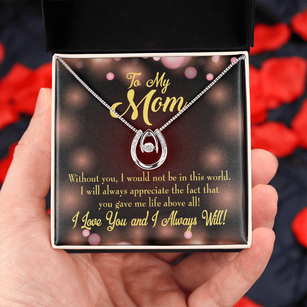 To Mom Without You Lucky Horseshoe Necklace Message Card 14k w CZ Crystals-Express Your Love Gifts