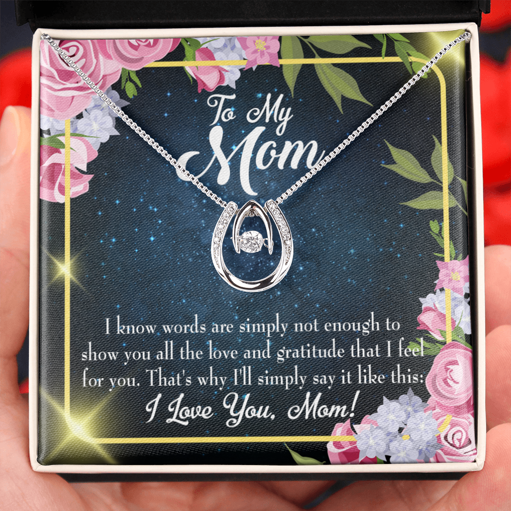 To Mom Words Not Enough Lucky Horseshoe Necklace Message Card 14k w CZ Crystals-Express Your Love Gifts