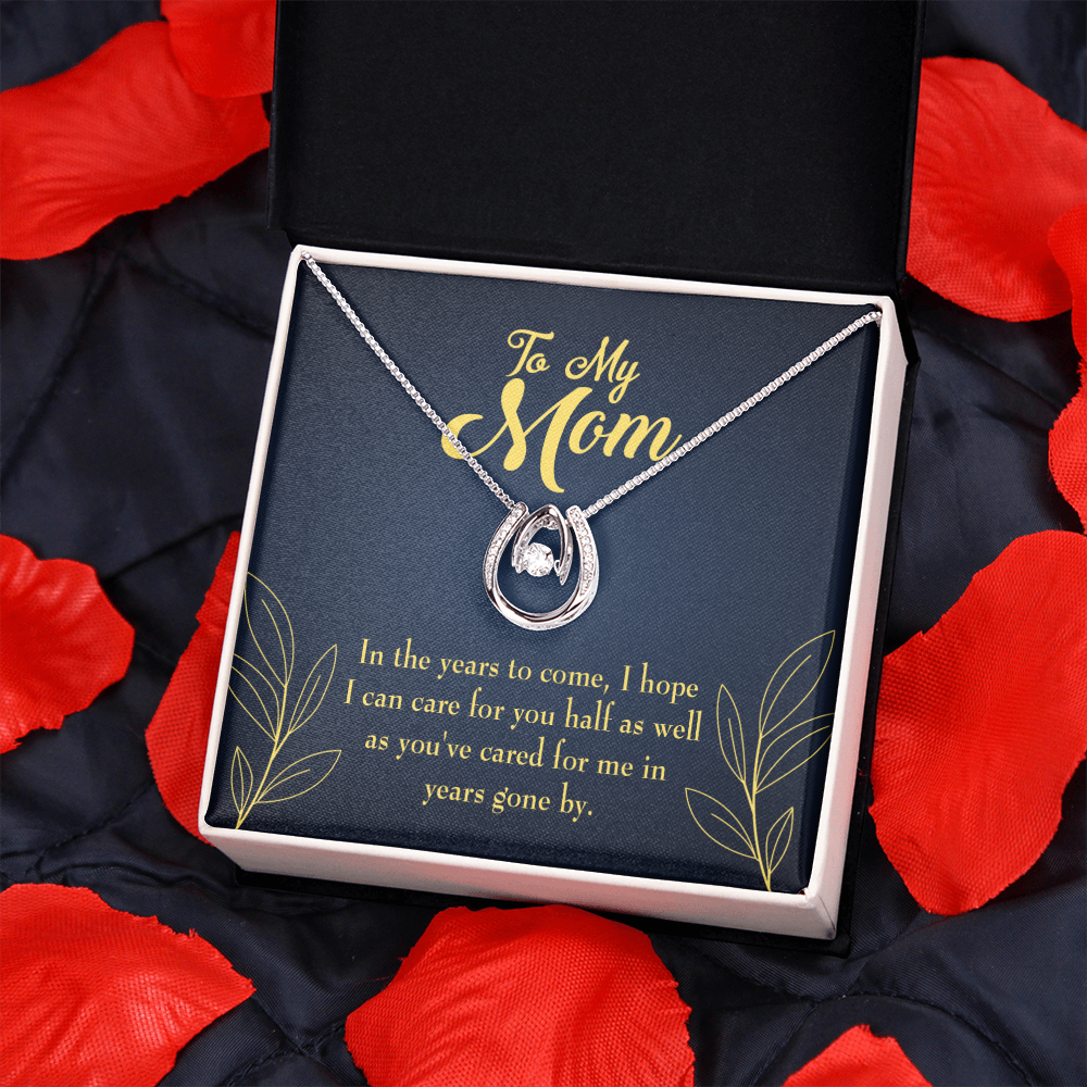 To Mom Years to Come Lucky Horseshoe Necklace Message Card 14k w CZ Crystals-Express Your Love Gifts