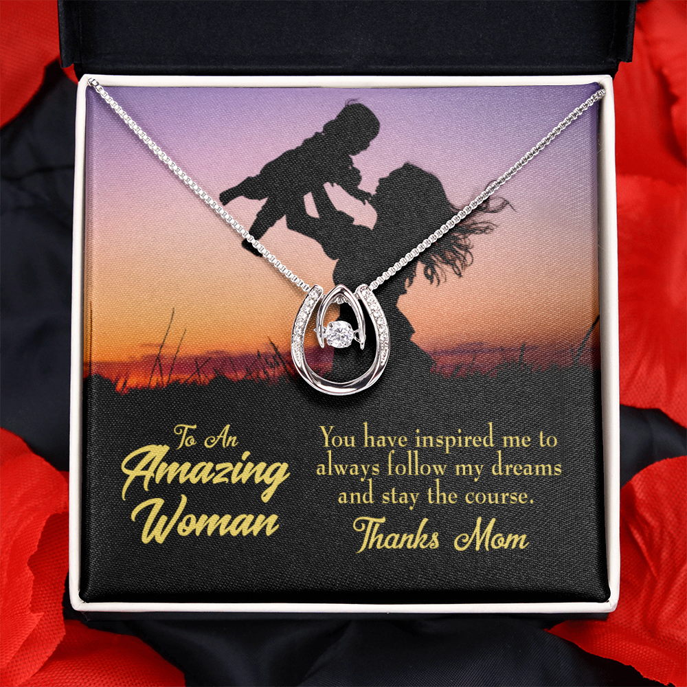 To Mom You Inspired Me Lucky Horseshoe Necklace Message Card 14k w CZ Crystals-Express Your Love Gifts