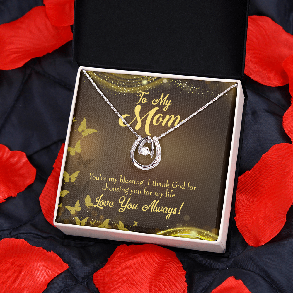 To Mom You're my Blessing Lucky Horseshoe Necklace Message Card 14k w CZ Crystals-Express Your Love Gifts