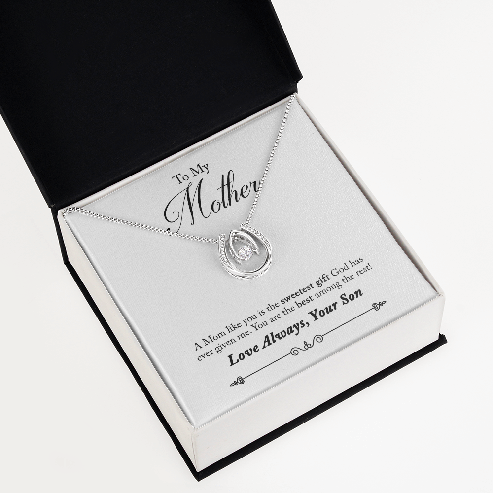 To Mother from Son Sweetest Gift Lucky Horseshoe Necklace Message Card 14k w CZ Crystals-Express Your Love Gifts