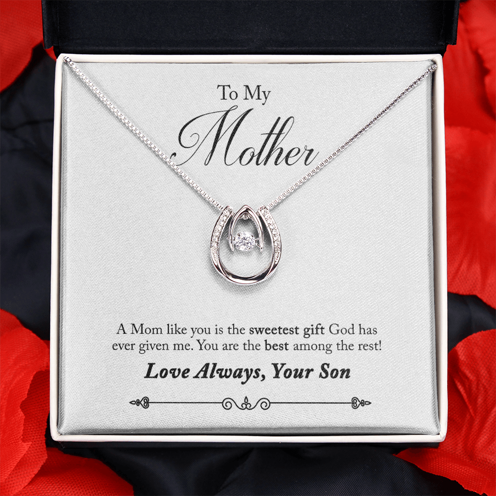 To Mother from Son Sweetest Gift Lucky Horseshoe Necklace Message Card 14k w CZ Crystals-Express Your Love Gifts