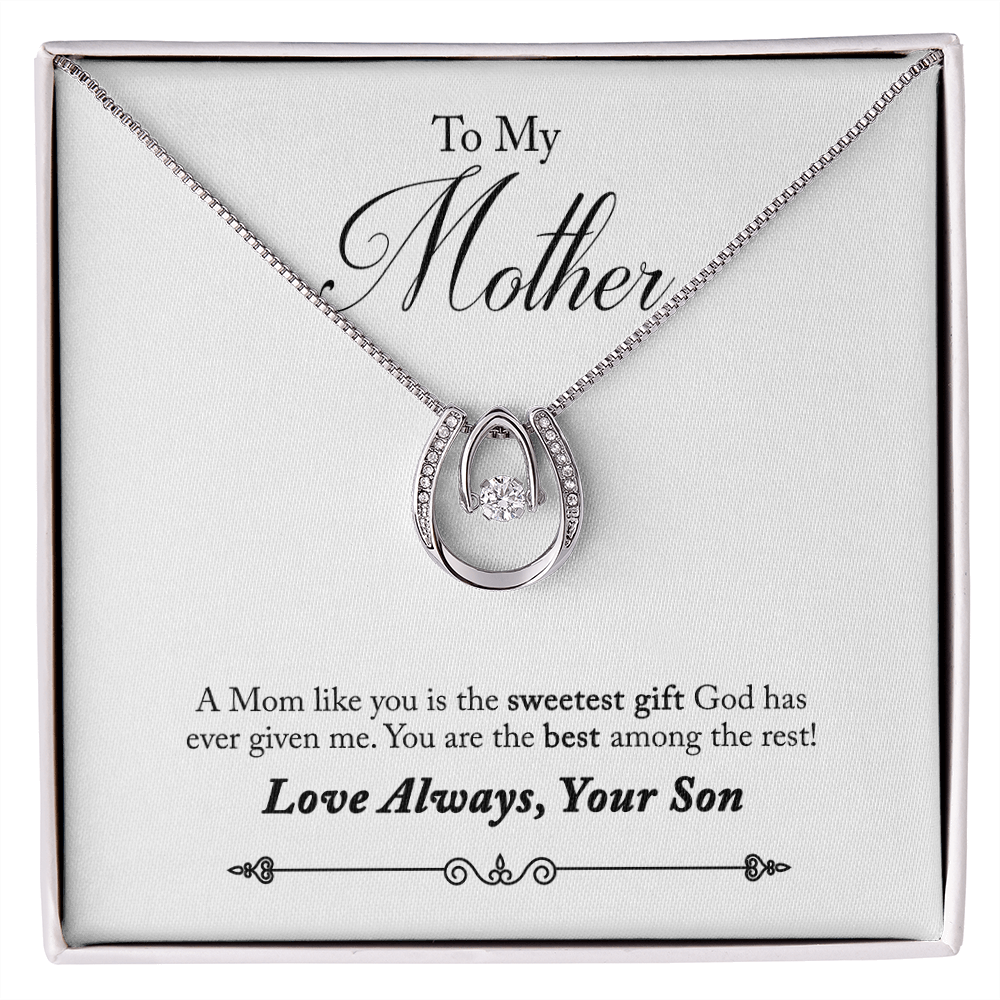 To Mother from Son Sweetest Gift Lucky Horseshoe Necklace Message Card 14k w CZ Crystals-Express Your Love Gifts