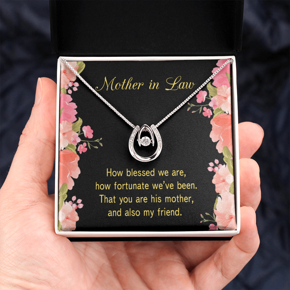 To Mother-in-Law How Fortunate Lucky Horseshoe Necklace Message Card 14k w CZ Crystals-Express Your Love Gifts