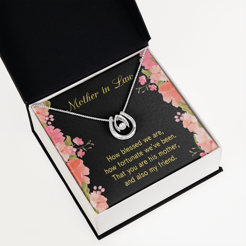 To Mother-in-Law How Fortunate Lucky Horseshoe Necklace Message Card 14k w CZ Crystals-Express Your Love Gifts