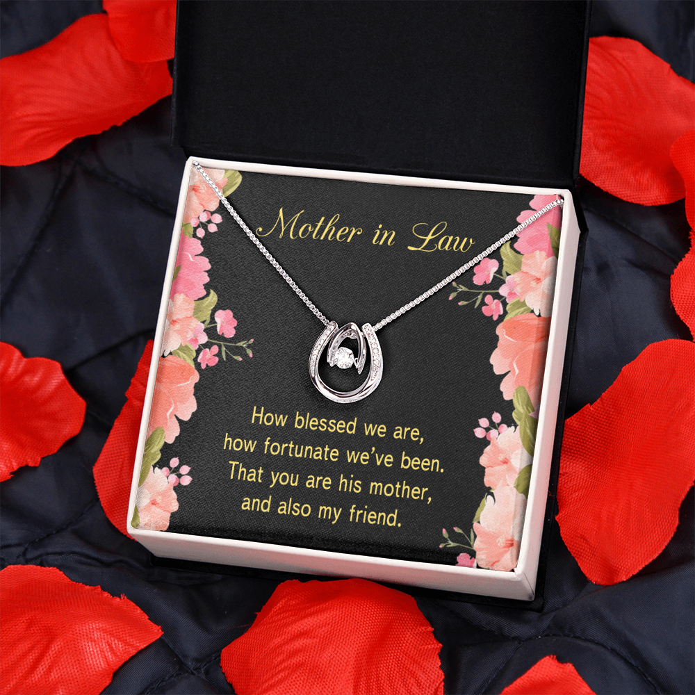 To Mother-in-Law How Fortunate Lucky Horseshoe Necklace Message Card 14k w CZ Crystals-Express Your Love Gifts