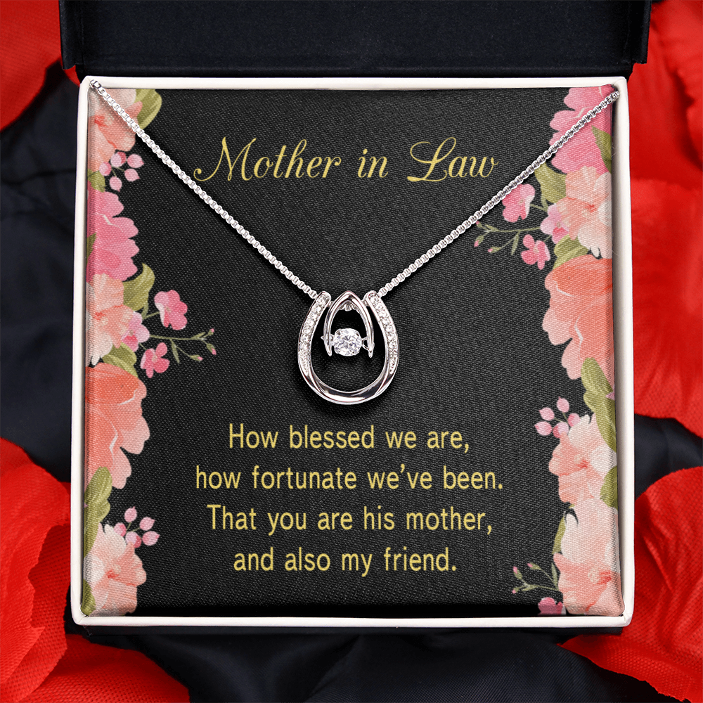 To Mother-in-Law How Fortunate Lucky Horseshoe Necklace Message Card 14k w CZ Crystals-Express Your Love Gifts