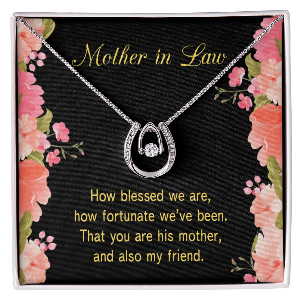 To Mother-in-Law How Fortunate Lucky Horseshoe Necklace Message Card 14k w CZ Crystals-Express Your Love Gifts