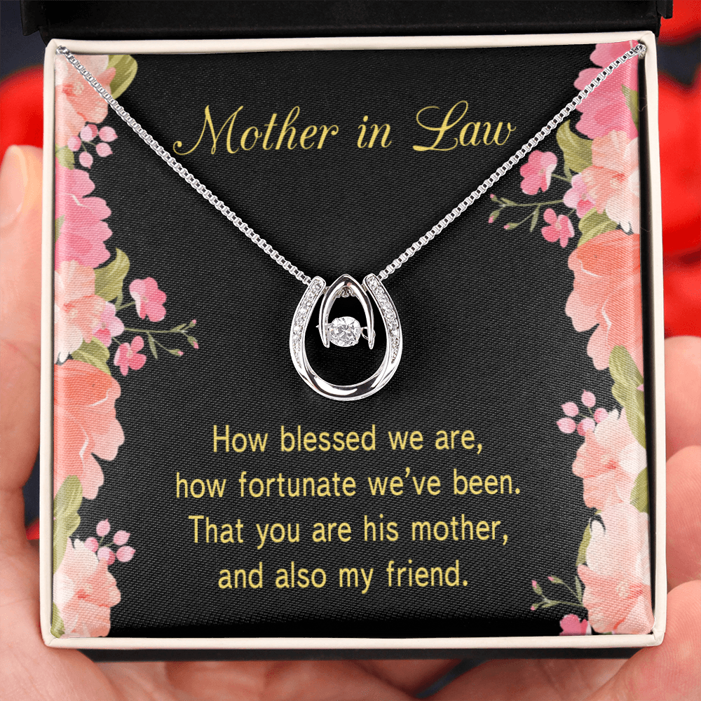 To Mother-in-Law How Fortunate Lucky Horseshoe Necklace Message Card 14k w CZ Crystals-Express Your Love Gifts