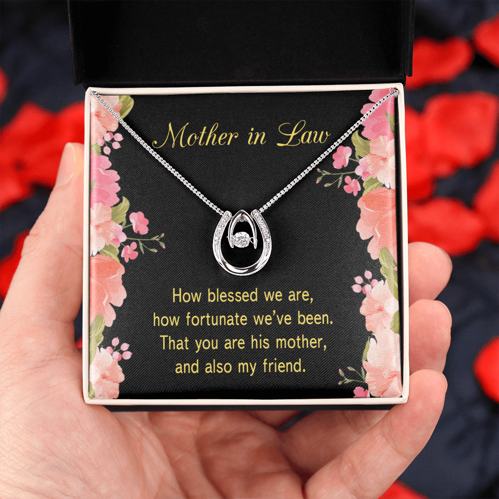 To Mother-in-Law How Fortunate Lucky Horseshoe Necklace Message Card 14k w CZ Crystals-Express Your Love Gifts