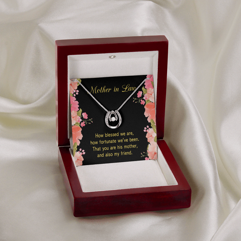 To Mother-in-Law How Fortunate Lucky Horseshoe Necklace Message Card 14k w CZ Crystals-Express Your Love Gifts