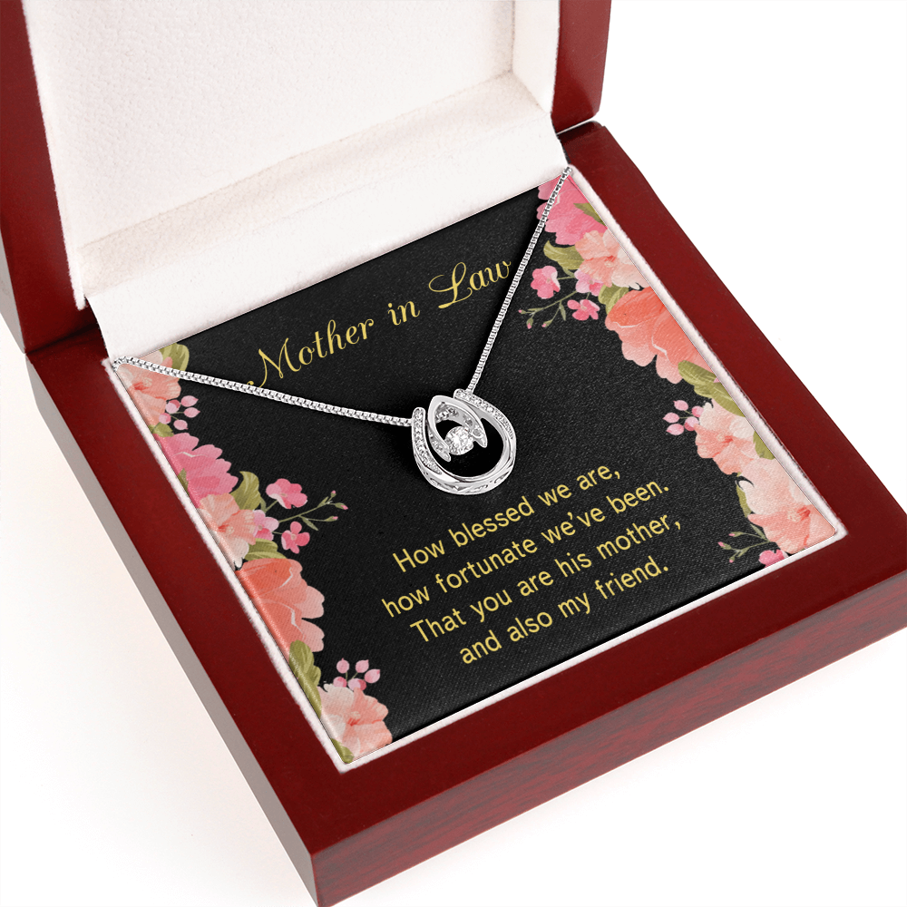 To Mother-in-Law How Fortunate Lucky Horseshoe Necklace Message Card 14k w CZ Crystals-Express Your Love Gifts