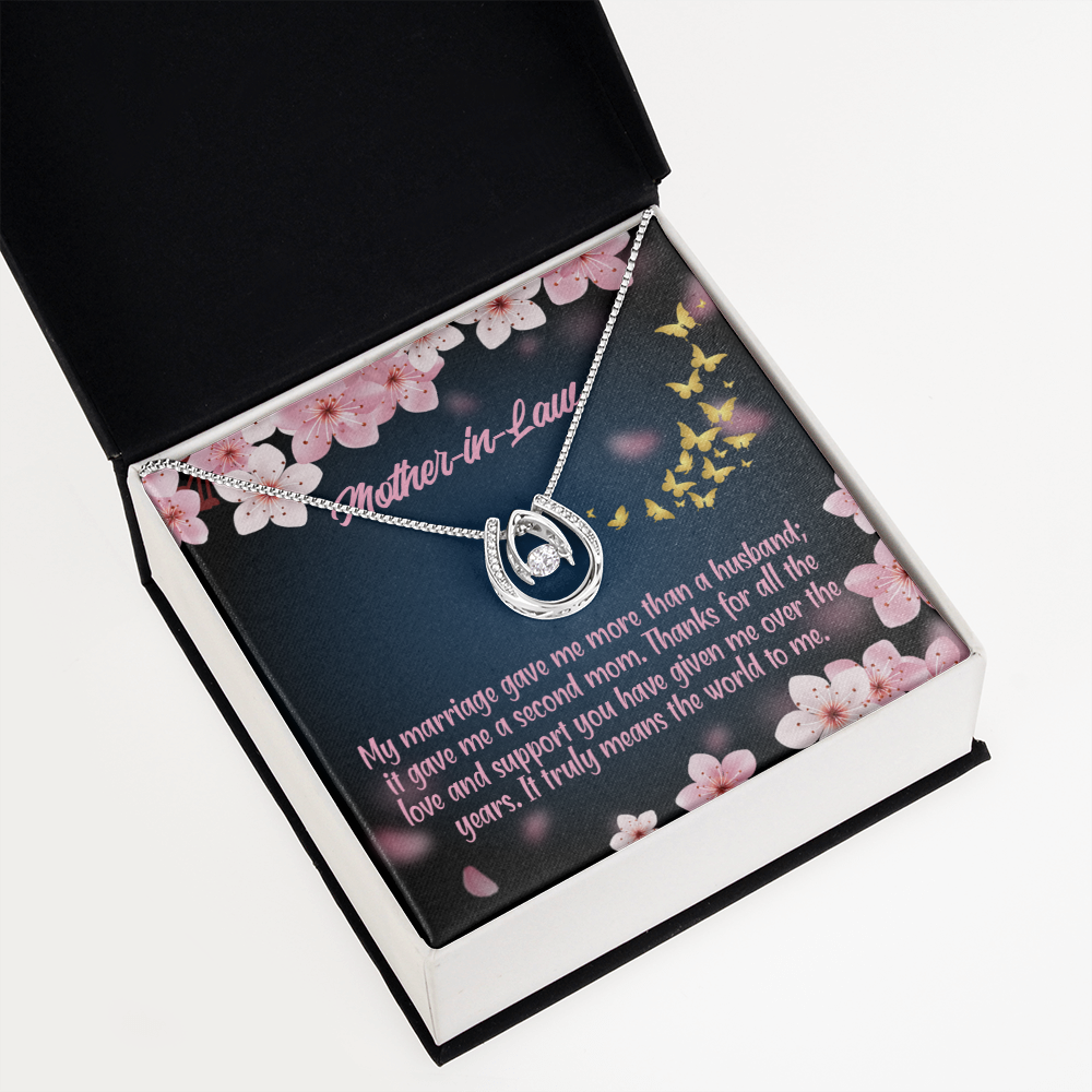 To Mother-in-Law Marriage Second Mom Lucky Horseshoe Necklace Message Card 14k w CZ Crystals-Express Your Love Gifts