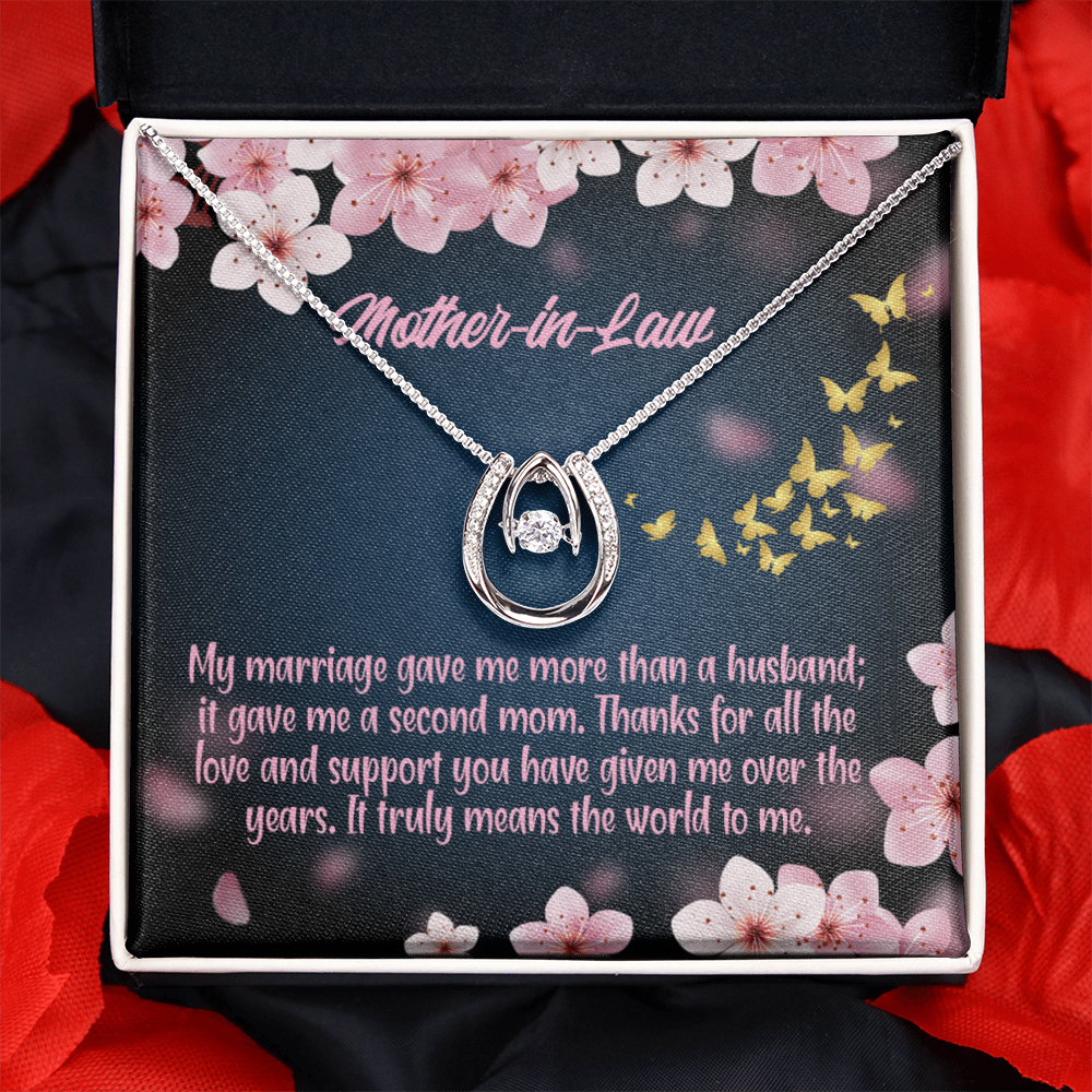 To Mother-in-Law Marriage Second Mom Lucky Horseshoe Necklace Message Card 14k w CZ Crystals-Express Your Love Gifts