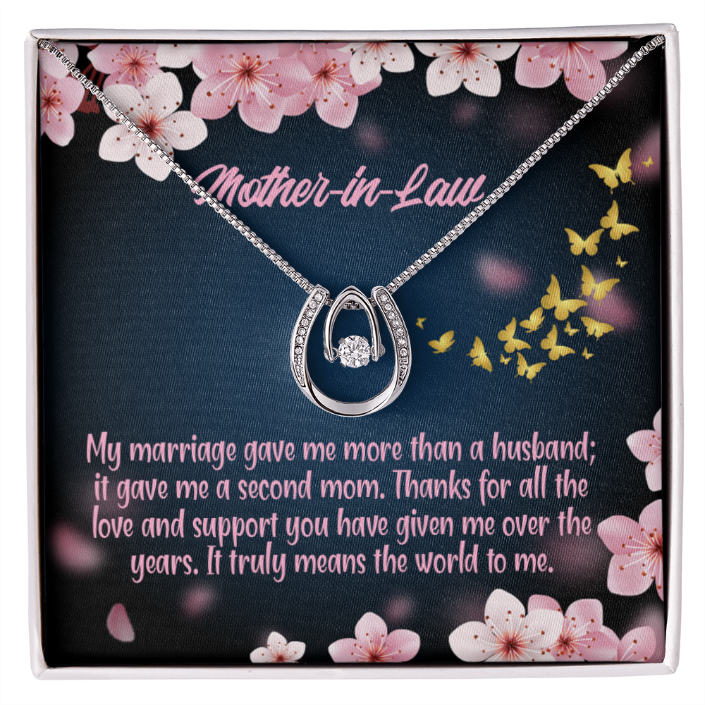 To Mother-in-Law Marriage Second Mom Lucky Horseshoe Necklace Message Card 14k w CZ Crystals-Express Your Love Gifts