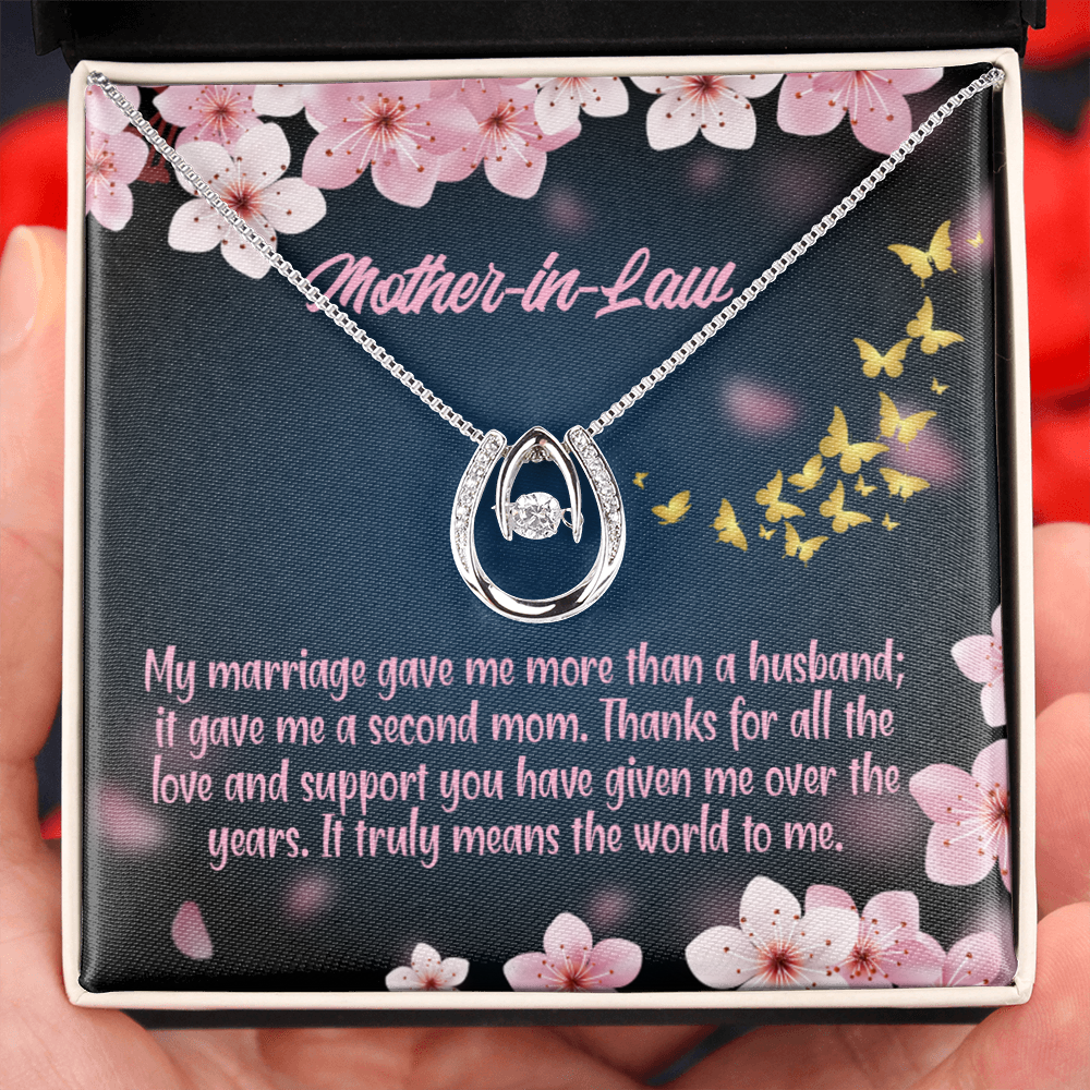 To Mother-in-Law Marriage Second Mom Lucky Horseshoe Necklace Message Card 14k w CZ Crystals-Express Your Love Gifts