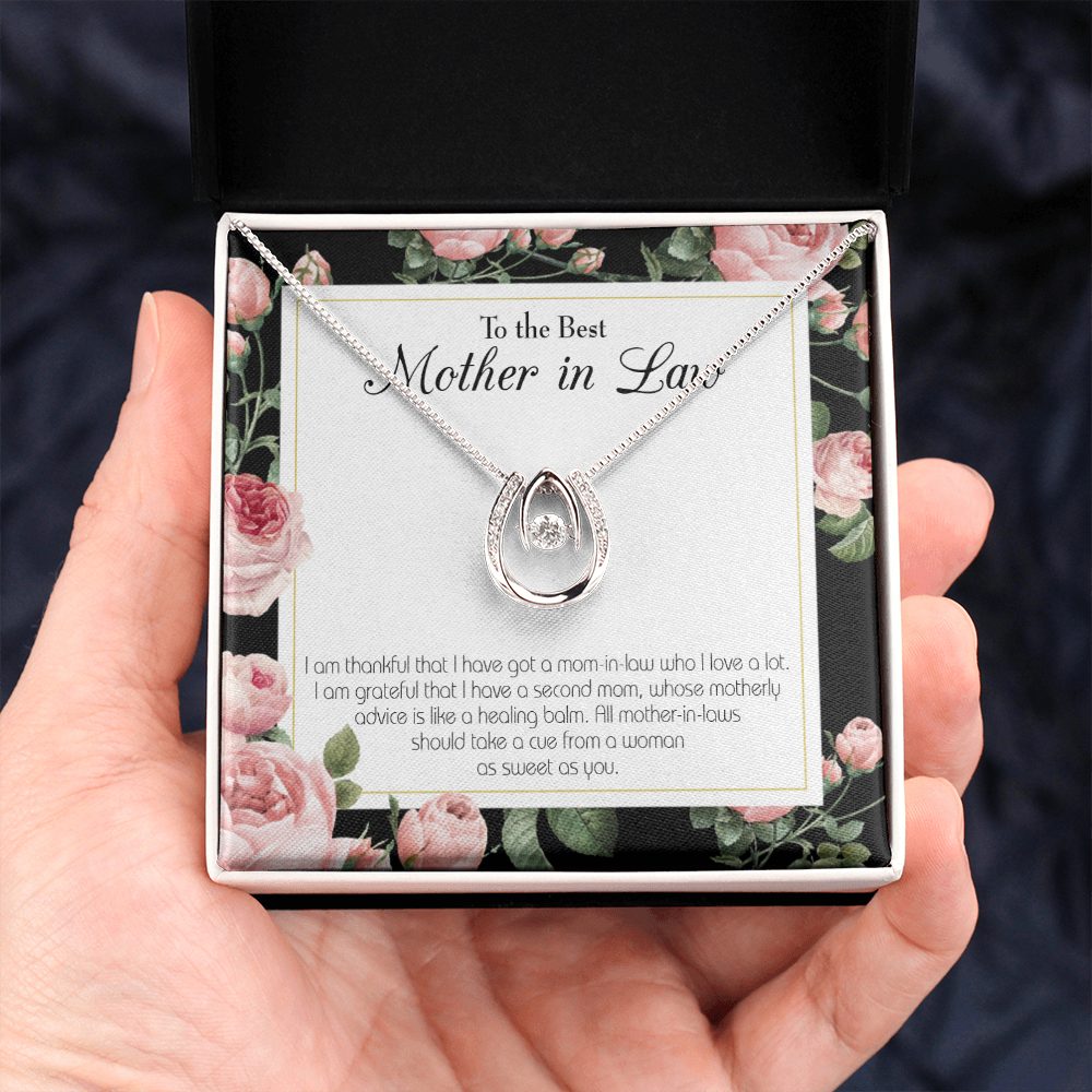 To Mother-in-Law Second Mom Lucky Horseshoe Necklace Message Card 14k w CZ Crystals-Express Your Love Gifts