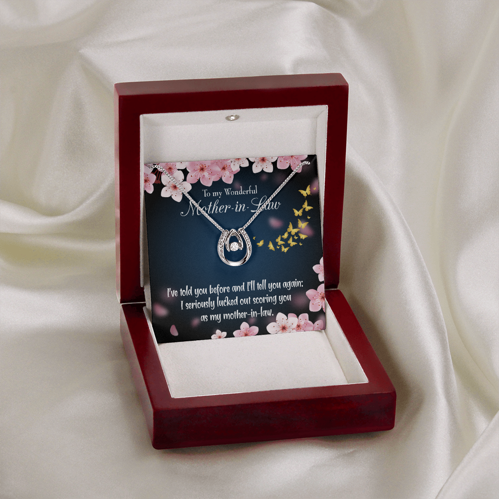 To Mother-in-Law Seriously Lucky Lucky Horseshoe Necklace Message Card 14k w CZ Crystals-Express Your Love Gifts