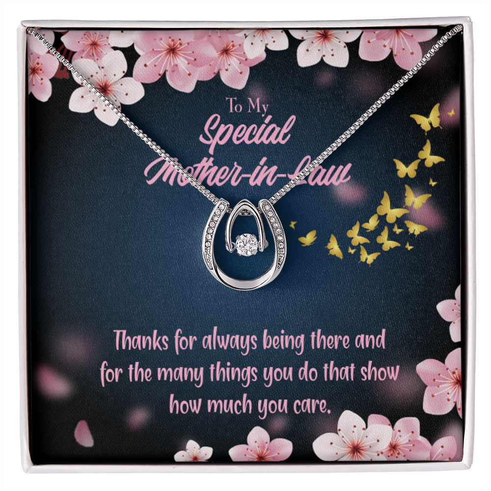 To Mother-in-Law Thanks Always Lucky Horseshoe Necklace Message Card 14k w CZ Crystals-Express Your Love Gifts