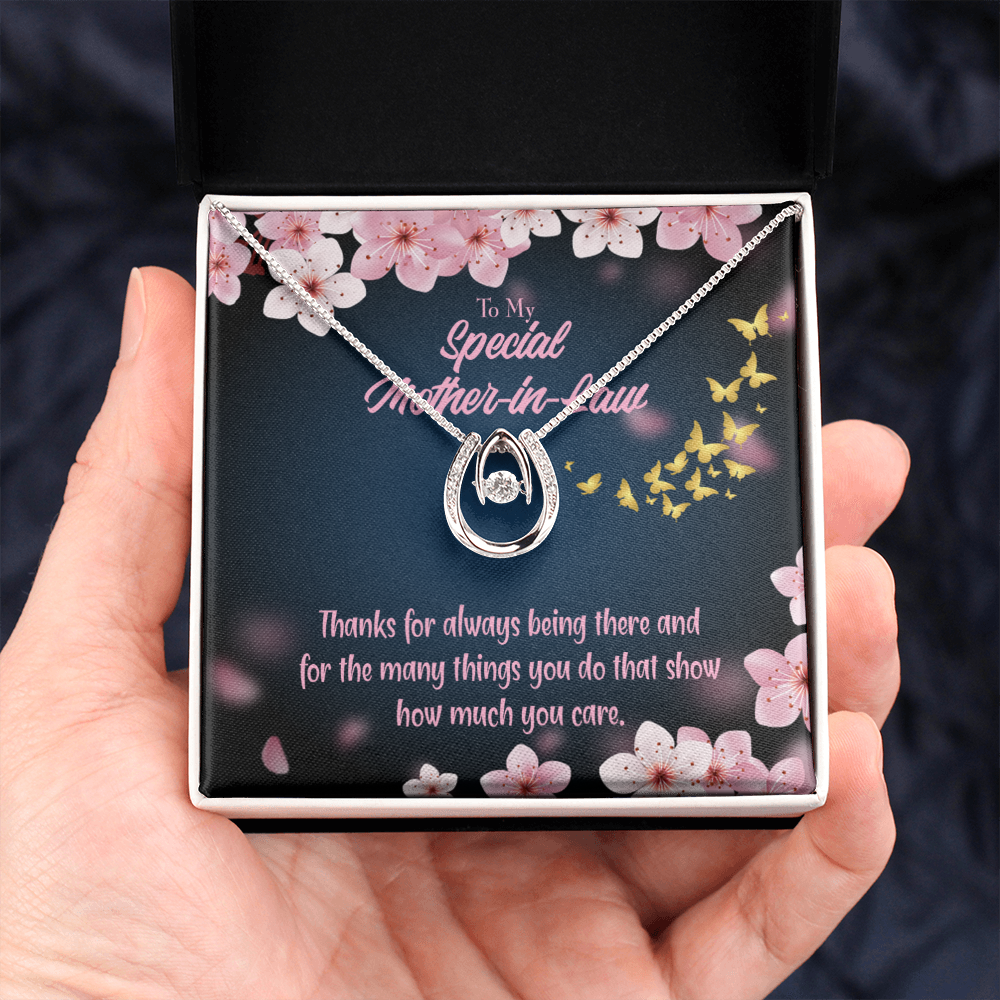 To Mother-in-Law Thanks Always Lucky Horseshoe Necklace Message Card 14k w CZ Crystals-Express Your Love Gifts