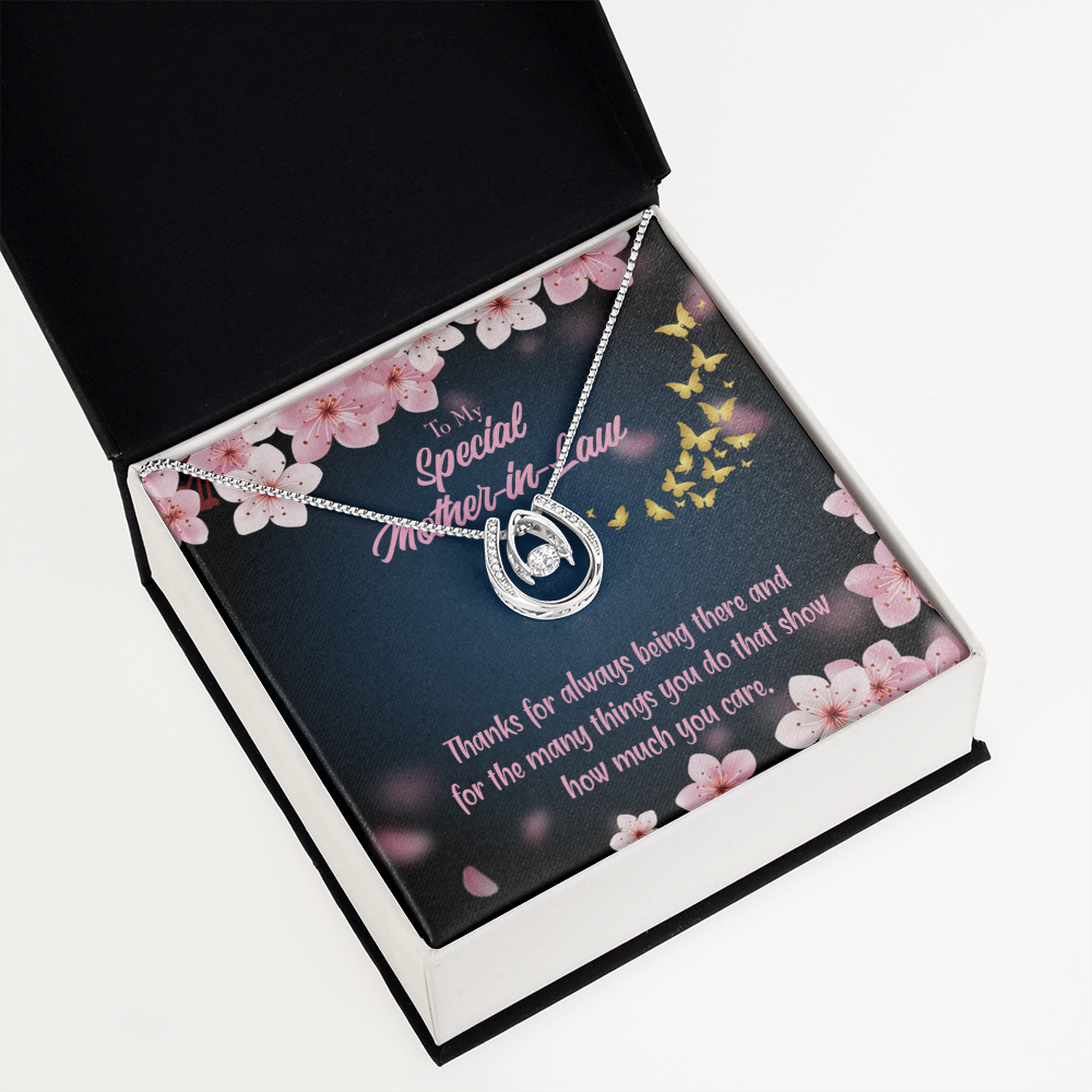 To Mother-in-Law Thanks Always Lucky Horseshoe Necklace Message Card 14k w CZ Crystals-Express Your Love Gifts