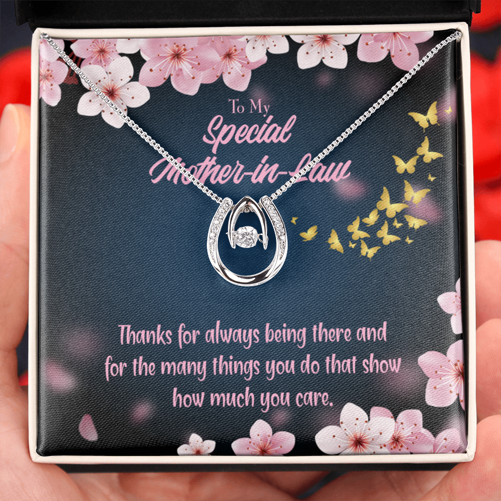 To Mother-in-Law Thanks Always Lucky Horseshoe Necklace Message Card 14k w CZ Crystals-Express Your Love Gifts