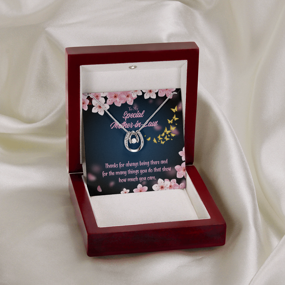 To Mother-in-Law Thanks Always Lucky Horseshoe Necklace Message Card 14k w CZ Crystals-Express Your Love Gifts