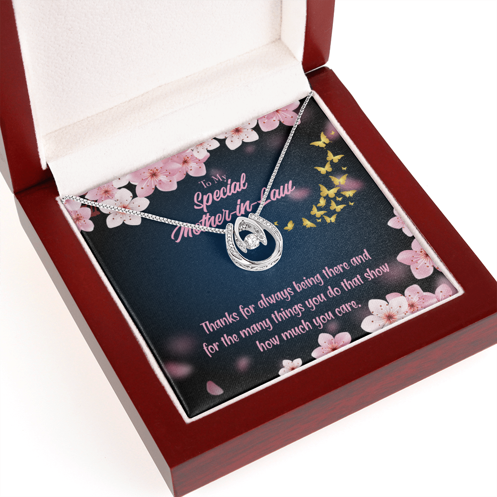 To Mother-in-Law Thanks Always Lucky Horseshoe Necklace Message Card 14k w CZ Crystals-Express Your Love Gifts