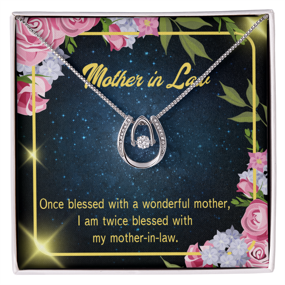 To Mother-in-Law Twice Blessed Lucky Horseshoe Necklace Message Card 14k w CZ Crystals-Express Your Love Gifts