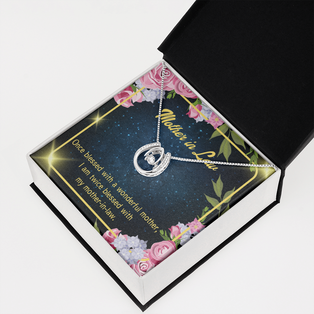 To Mother-in-Law Twice Blessed Lucky Horseshoe Necklace Message Card 14k w CZ Crystals-Express Your Love Gifts