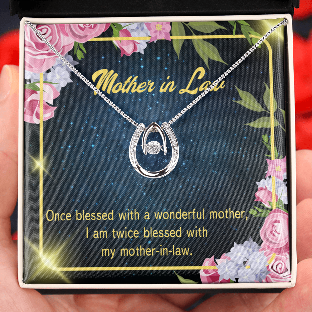 To Mother-in-Law Twice Blessed Lucky Horseshoe Necklace Message Card 14k w CZ Crystals-Express Your Love Gifts