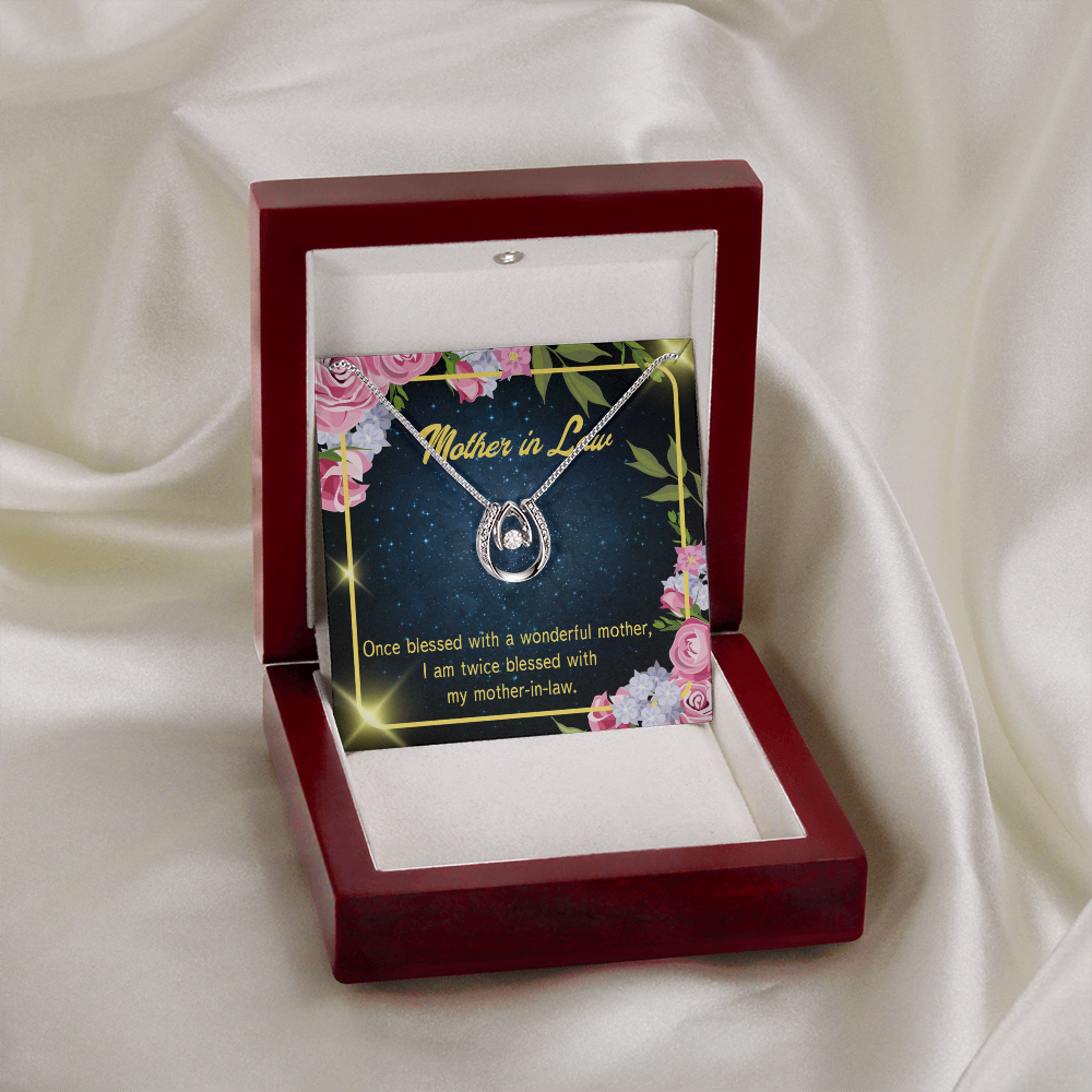 To Mother-in-Law Twice Blessed Lucky Horseshoe Necklace Message Card 14k w CZ Crystals-Express Your Love Gifts