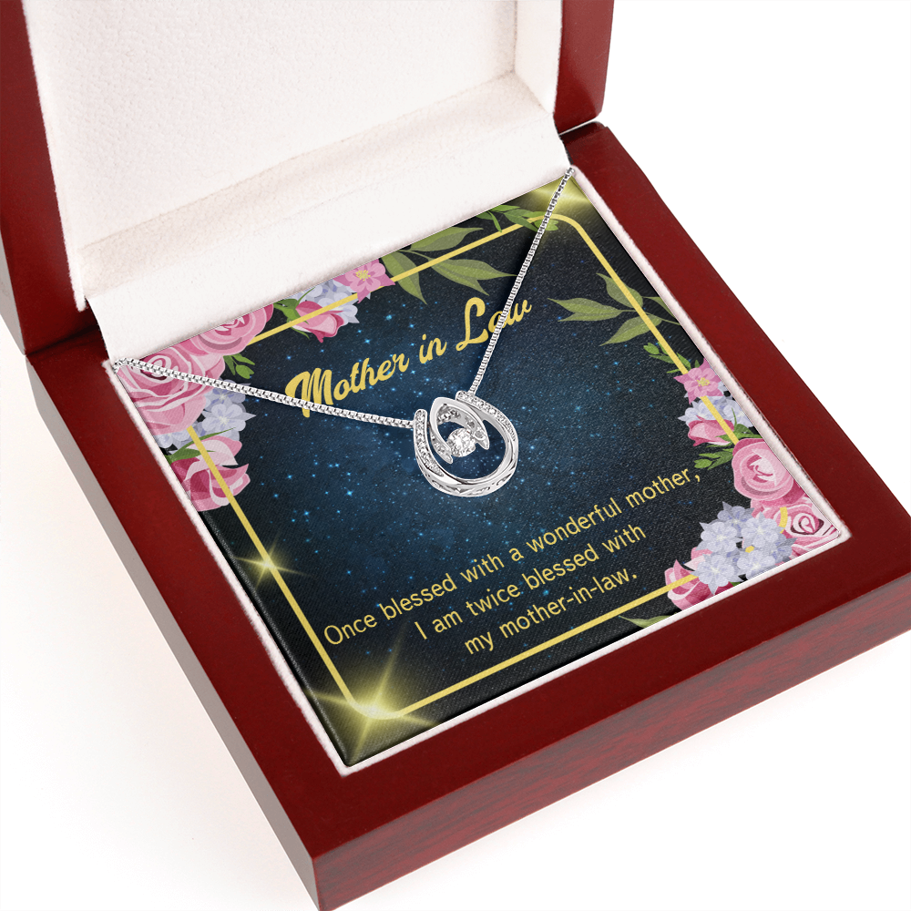 To Mother-in-Law Twice Blessed Lucky Horseshoe Necklace Message Card 14k w CZ Crystals-Express Your Love Gifts