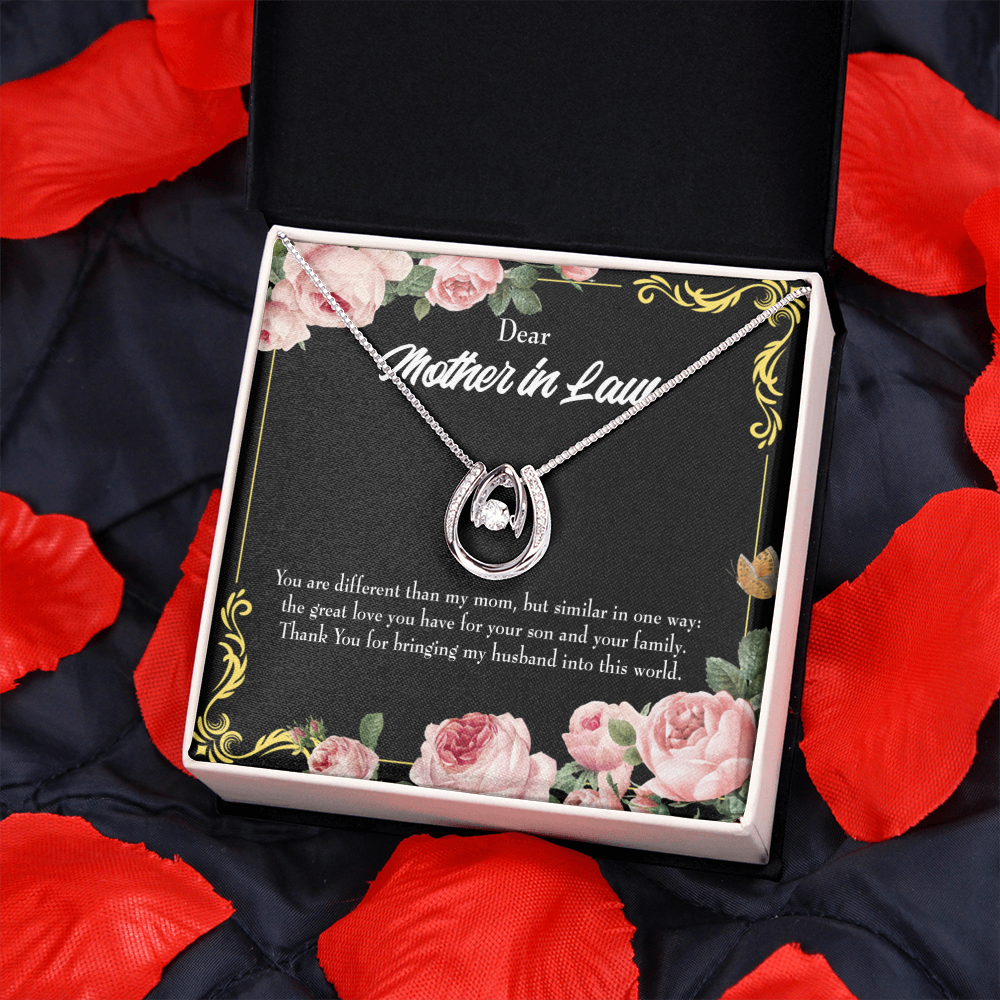 To Mother-in-Law You Are Different Lucky Horseshoe Necklace Message Card 14k w CZ Crystals-Express Your Love Gifts